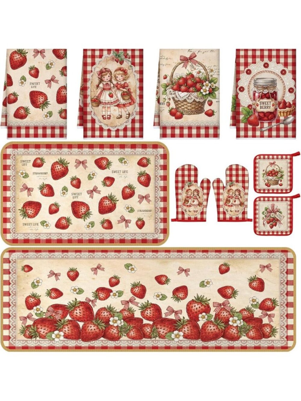 Rustic Strawberry Kitchen Decor Set - 10 Pcs Dish Towels, Rugs, Oven Mitts & Pot